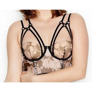 Victoria's Secret‎ Sz 36DD Strappy Longline Bustier Bra Black Peaceful Rose NWT